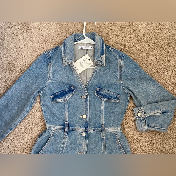 ZARA Denim Midi Shirt Dress Short lapel collar V-neck long sleeves Size XS NWT - Picture 13 of 16